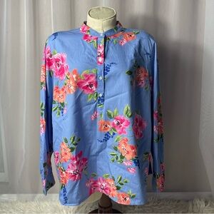 Talbot's Floral Blue with Pink Floral Top Blouse Long Sleeves Cotton Sz XLp